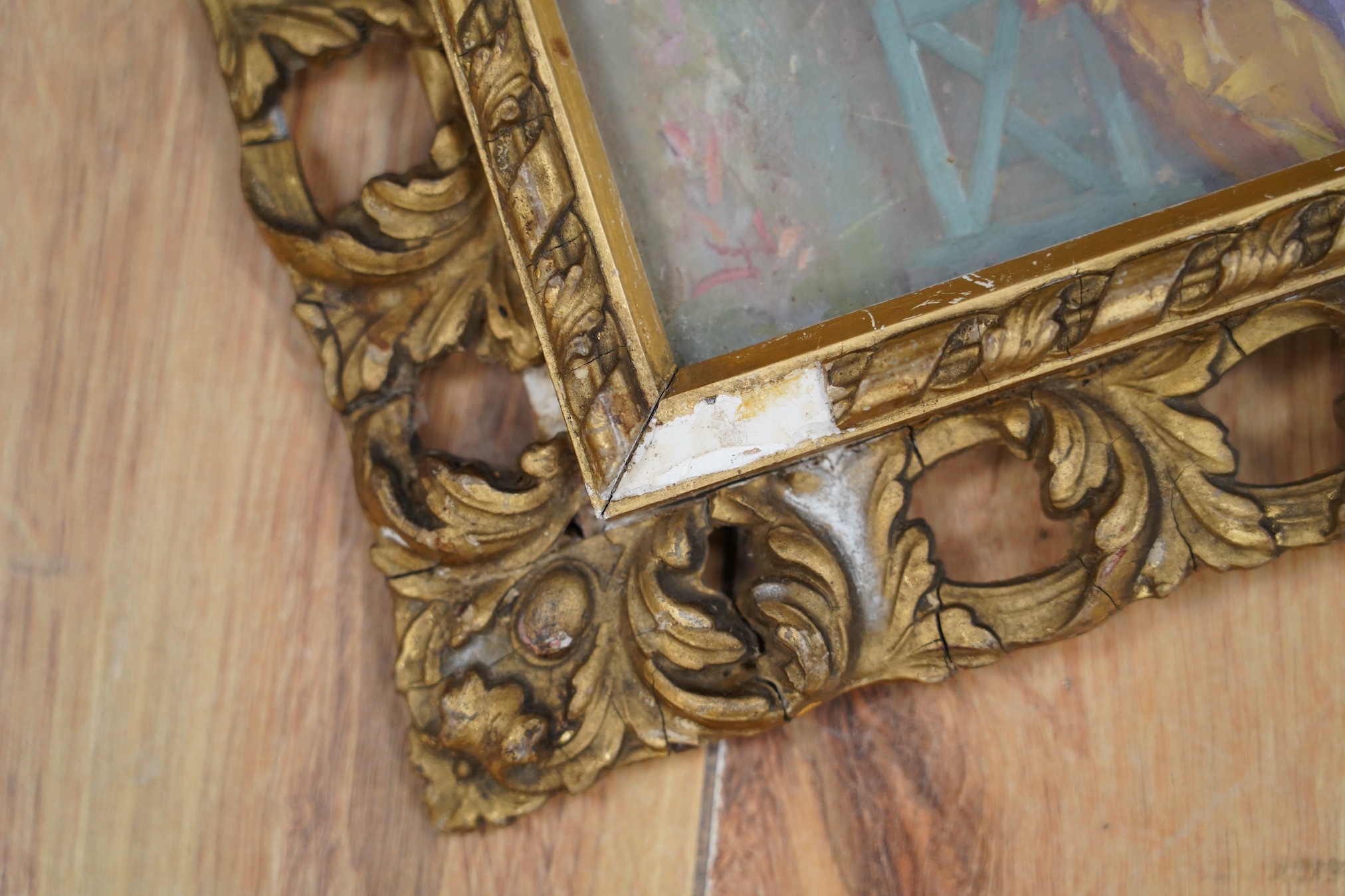 Monog, oil, 'What Will she Say', monogrammed, 24.5 x 19cm, ornate gilt framed. Condition - fair, losses to the frame